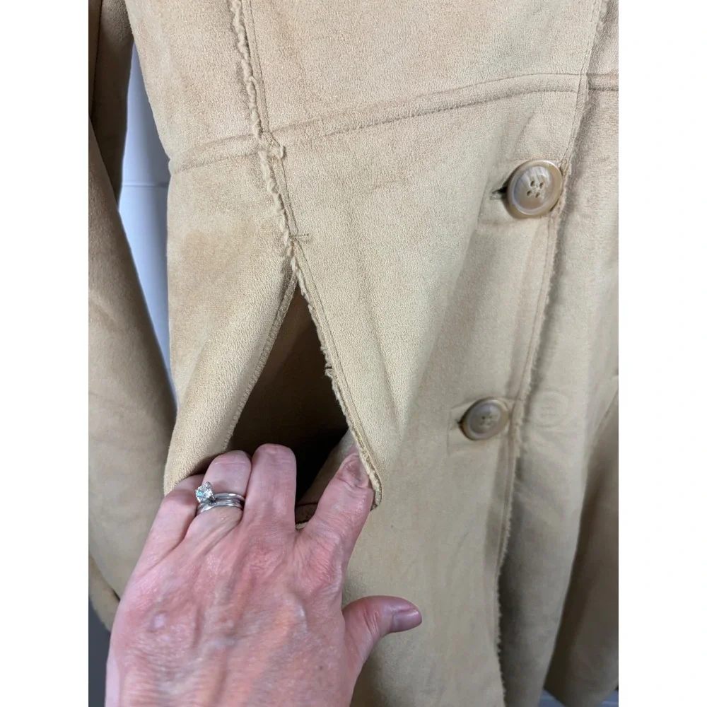 Vintage Y2K Old Navy Trench Coat Jacket Faux Suede Sherpa Lined Sz M Penny Lane - Picture 7 of 13